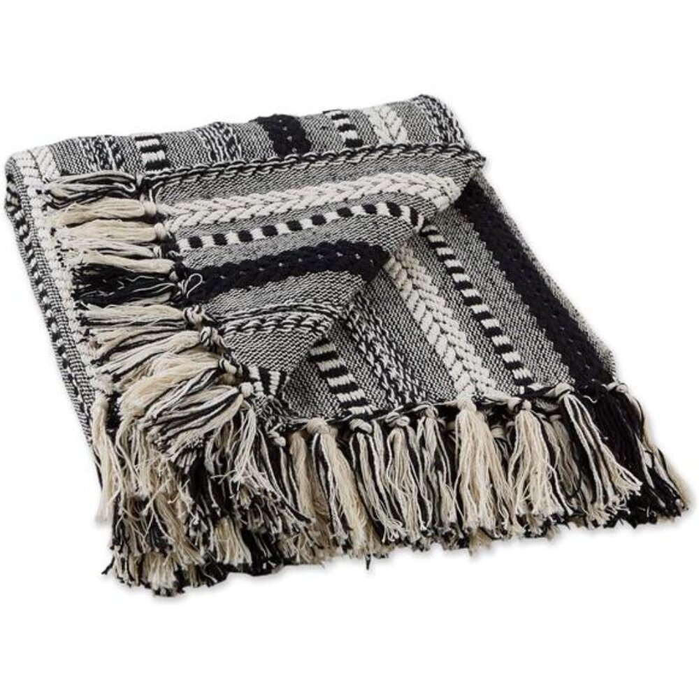 Braided Cotton Throw Blanket Black Striped Decorative Cozy Couch Bed Blanket 50x